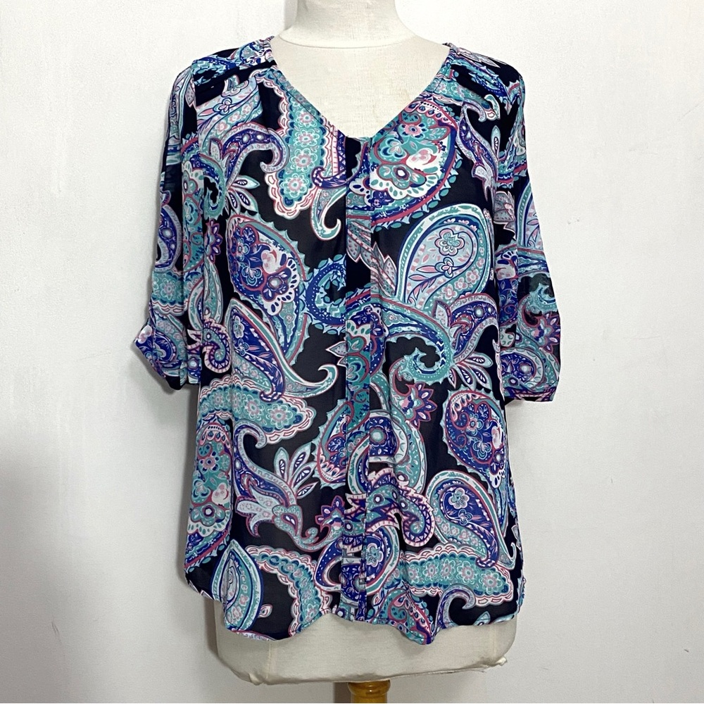SKIES ARE BLUE paisley print sheer polyester ruched sleeves tuck shoulder top S - Picture 1 of 8